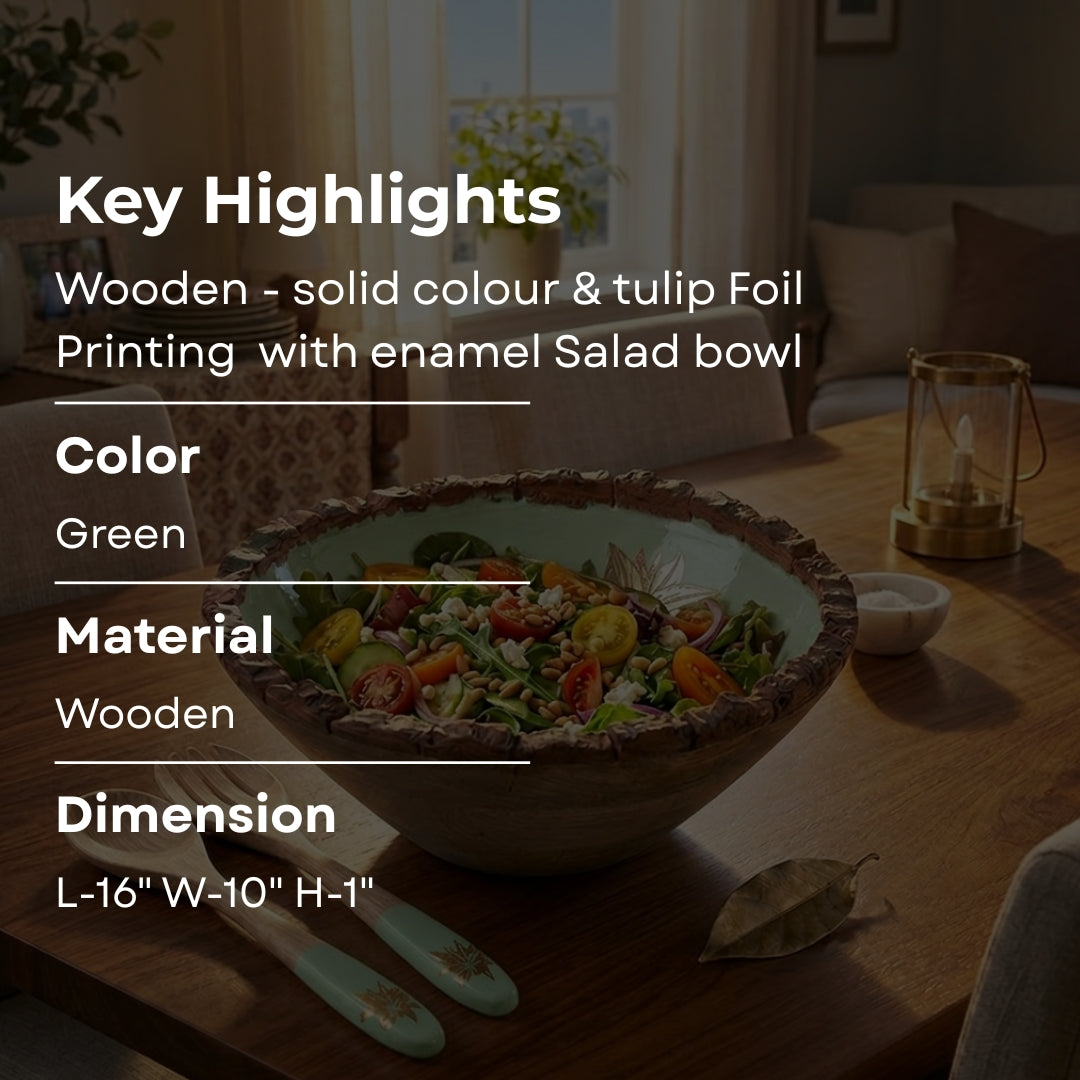 Green Enamel Wooden Salad Bowl with Tulip Foil Print