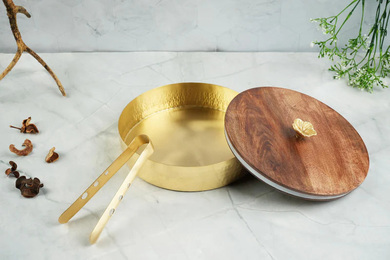 Roti Box - Hammered Golden Plated Metal Base With Wooden Lid