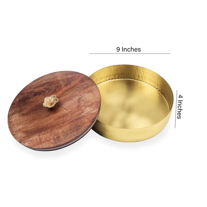 Roti Box - Hammered Golden Plated Metal Base With Wooden Lid