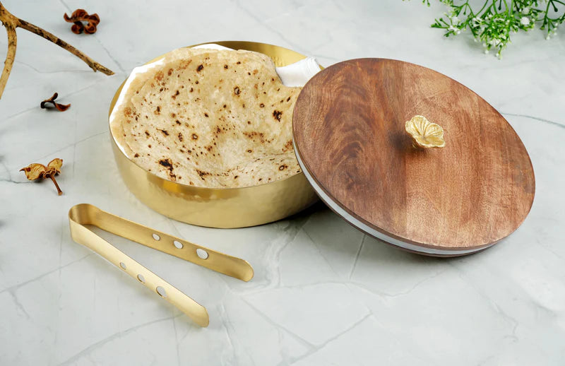 Roti Box - Hammered Golden Plated Metal Base With Wooden Lid