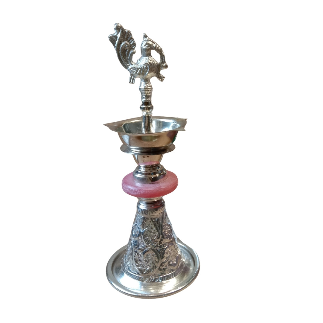 Silver-Plated Peacock Diya  with Velvet Gift Boxe- PINK SINGLE PC