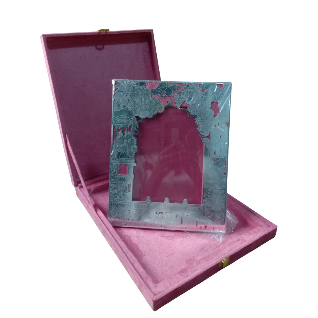 Silver Plated Ornate Designer Photo Frame with Pink Velvet Gift Box