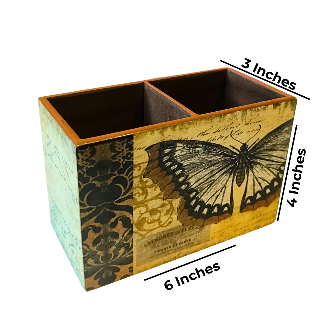 Butterfrly Print & Enamel Wooden 2 Partition Caddy