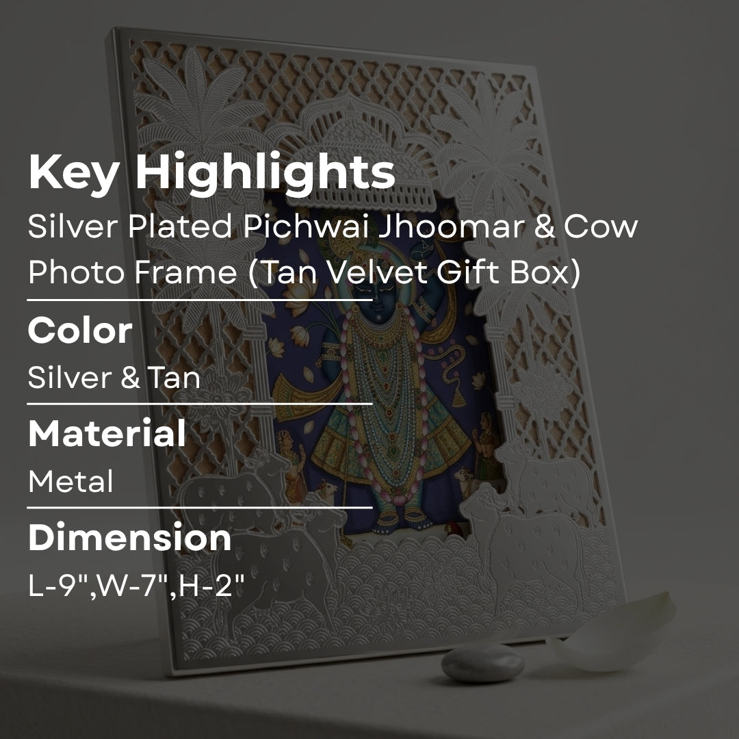 Silver Plated Pichwai Jhoomar & Cow Photo Frame (Tan Velvet Gift Box)