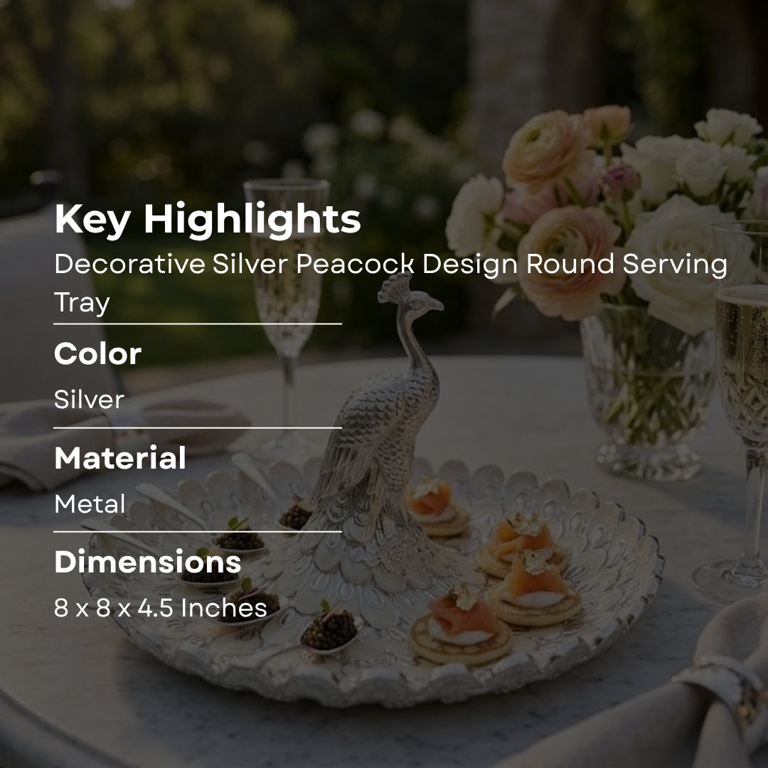 Decorative Silver Peacock Design Round Serving Tray