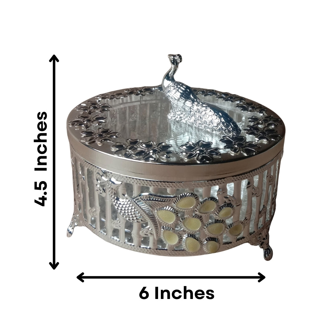 white metal Decorative Silver Peacock Design Round Storage Box with Lid