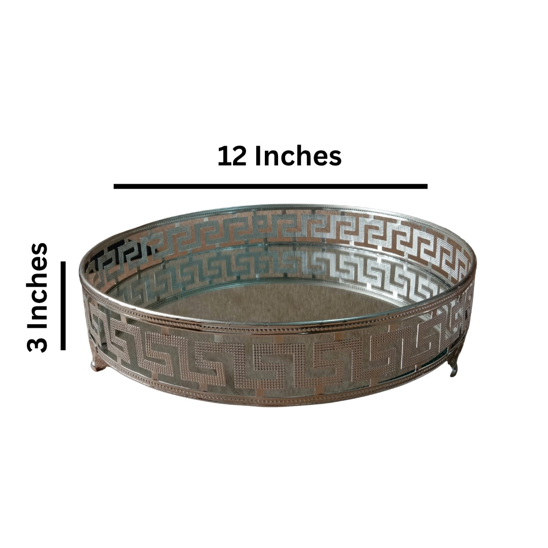 Silver Mirrored Decorative Round Tray with Greek Key Pattern - LARGE 12"