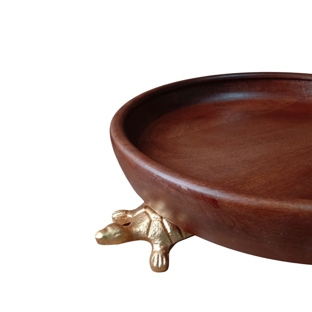 Dark Wood Round Serving Bowl with Gold Turtle Feet Stand