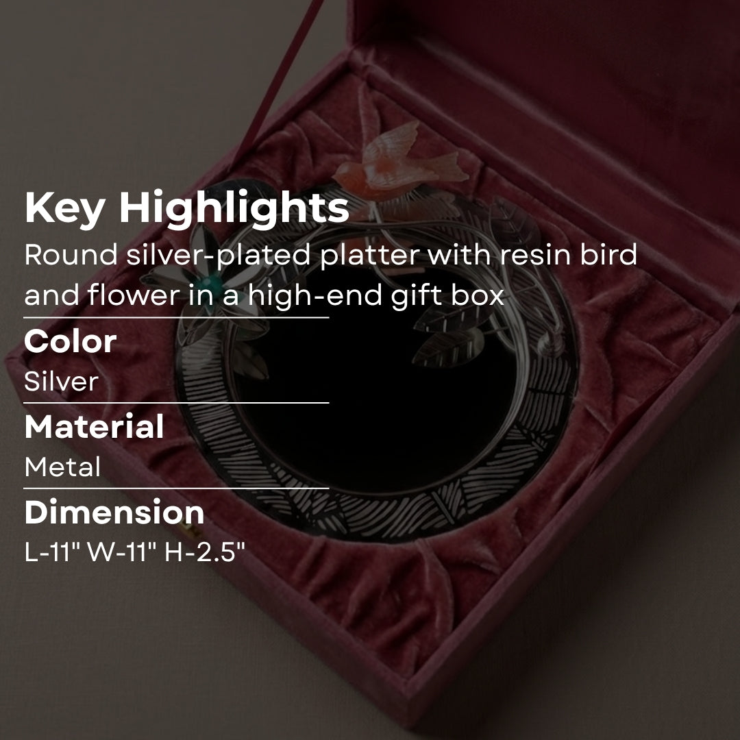 Silver Plated Round Platter with Flower & Resin Bird in Premium Gift Box