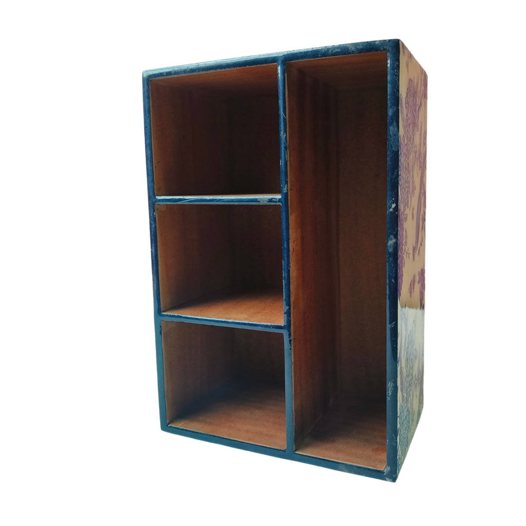 Caddy - Wooden 4 Partition Blue Peacock Print With Enamel