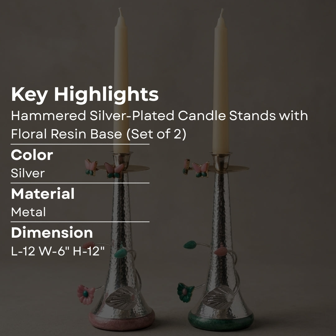 Hammered Silver-Plated Candle Stands with Floral Resin Base (Set of 2)