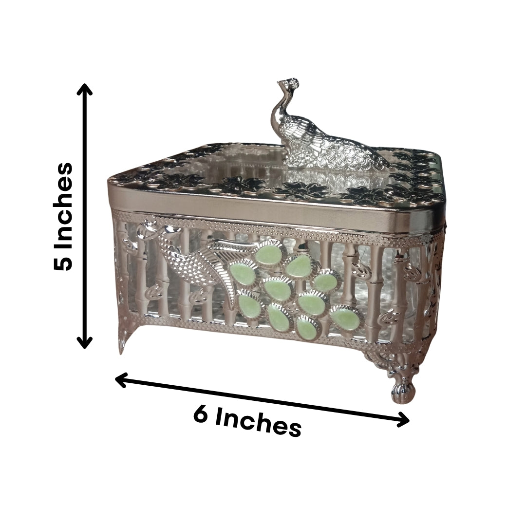 Decorative Silver Peacock Design Square Storage Box with Lid