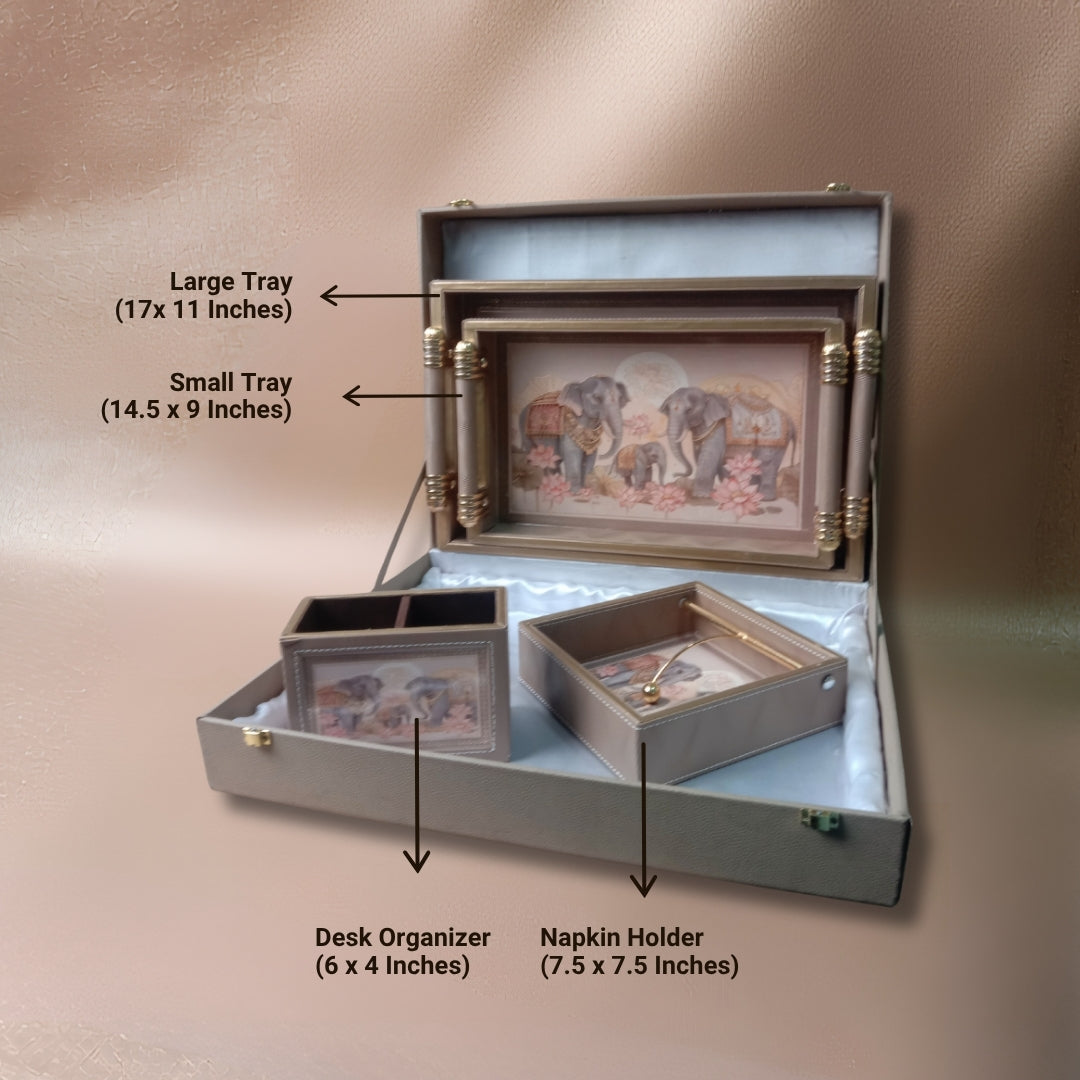 Royal Elephant Leatherette Serving Tray Set of 2 with Tissue & Cutlery Holder