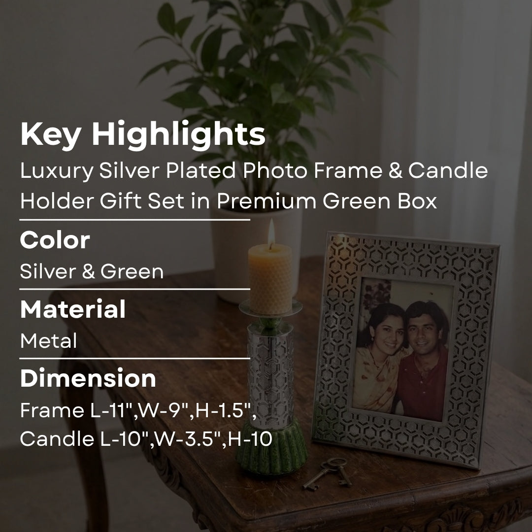 Luxury Silver Plated Photo Frame & Candle Holder Gift Set in Premium Green Box