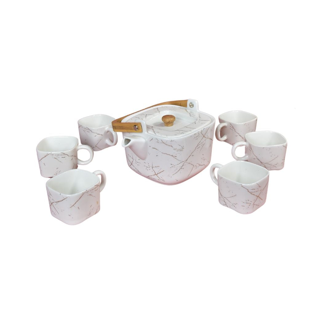 Ceramic Cup & Teapot With Tray Set Of 6 - White