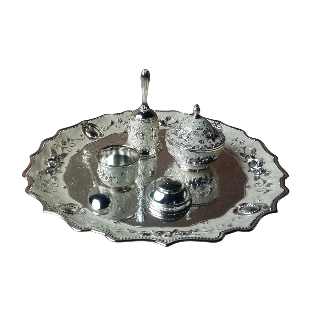 Silver-Plated Floral Design Pooja Thali Set
