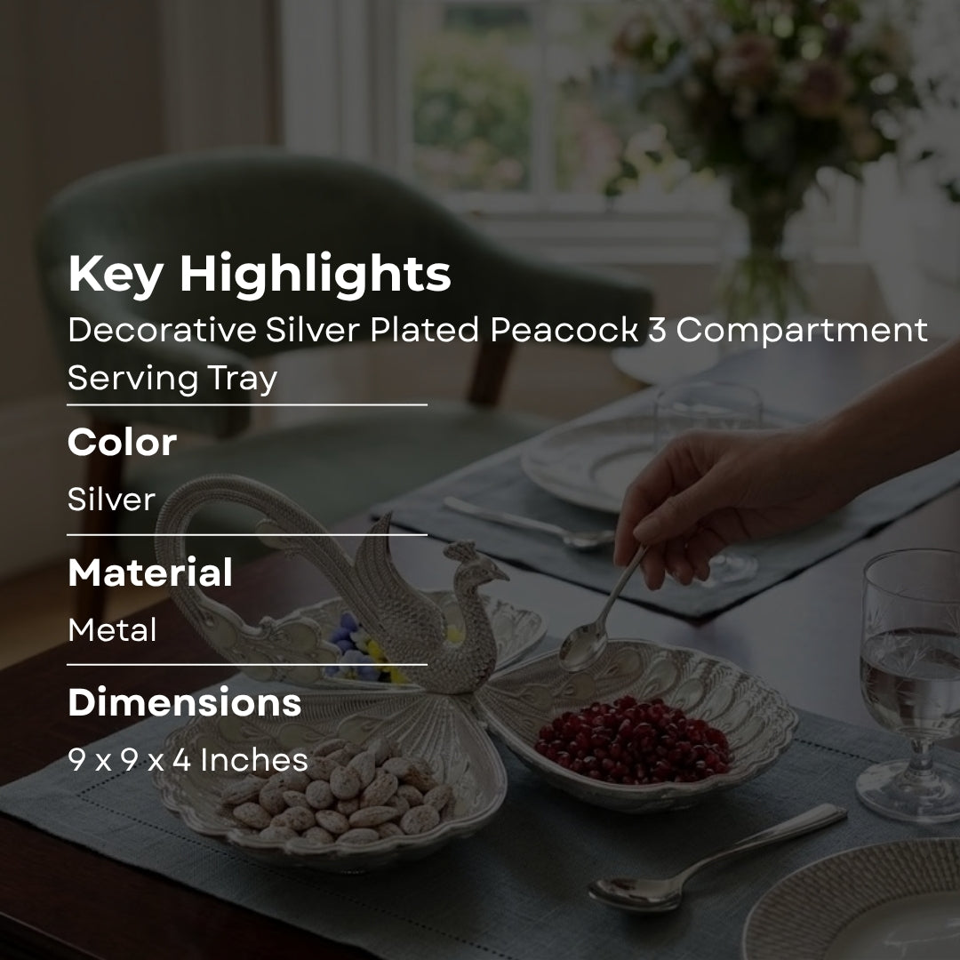 Decorative Silver Plated Peacock 3 Compartment Serving Tray