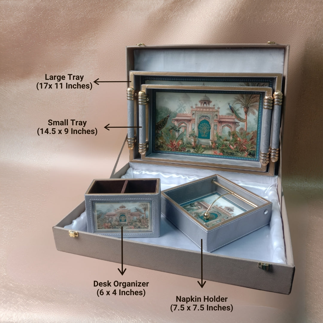 Luxury Peacock Leatherette Serving Tray Set of 2 with Tissue & Cutlery Holder
