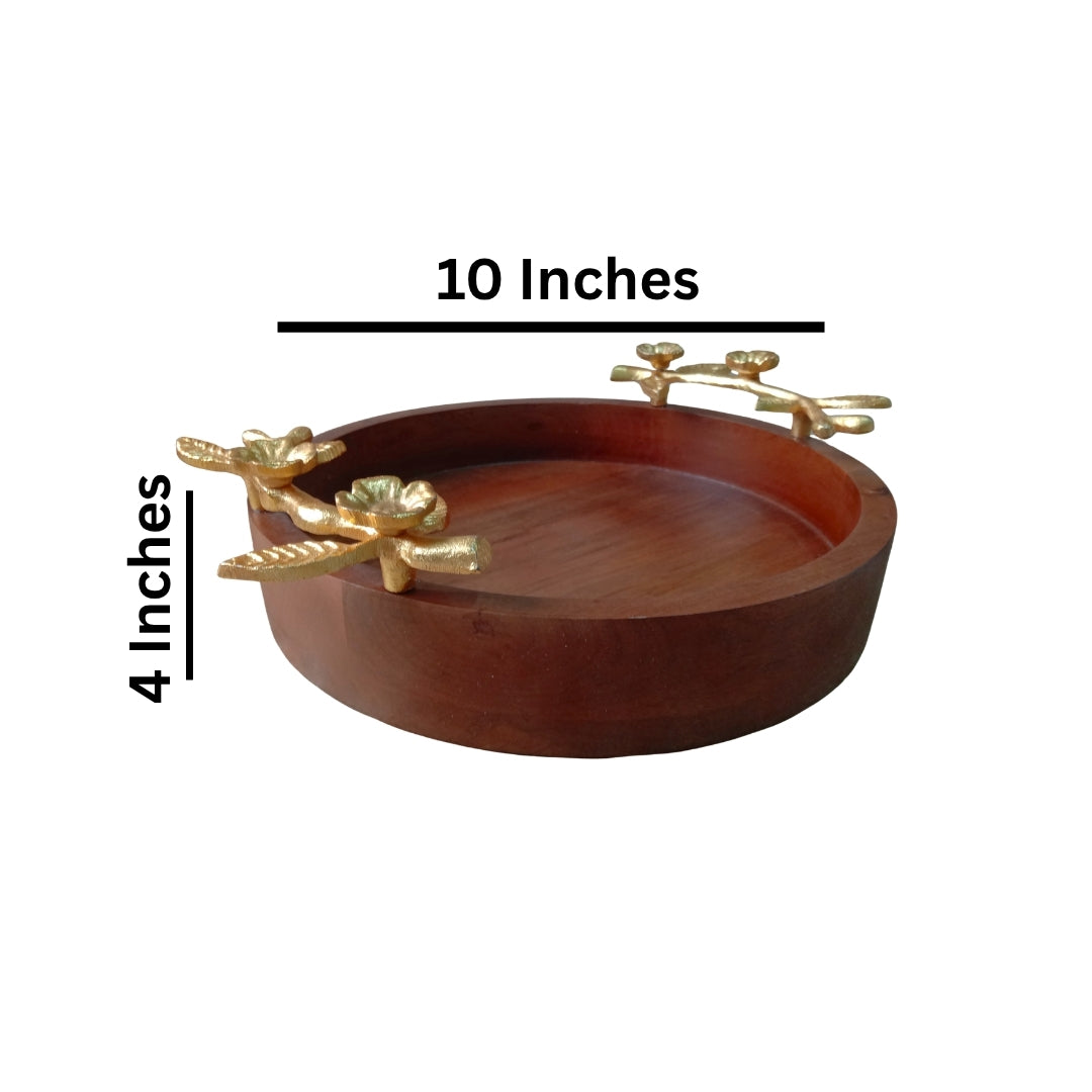 Wooden Small Round Serving Tray with Gold Floral Branch Handles