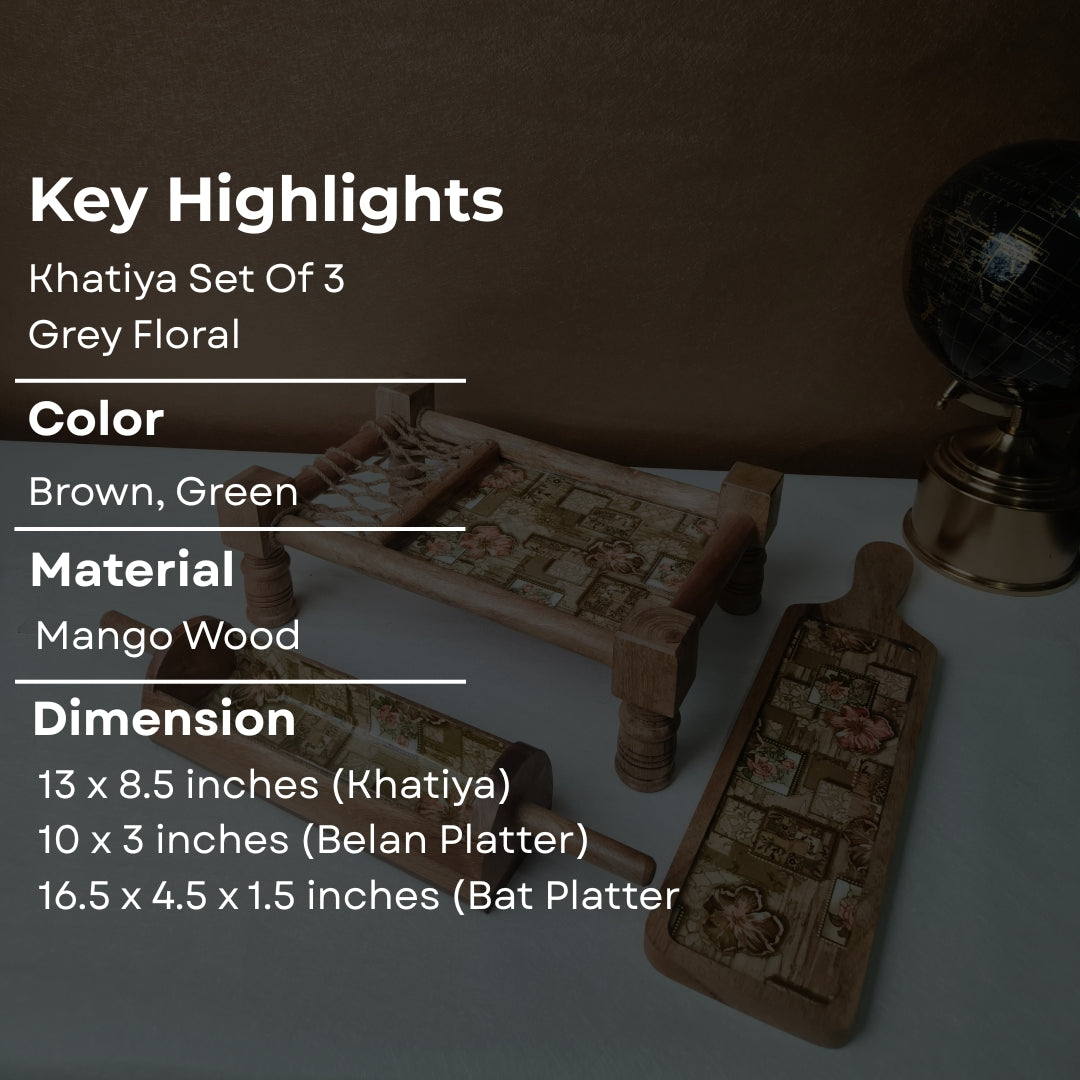 Green mughal print & enameled Wooden Khatiya Platter Set of 3 - khatiya platter , belan platter , bat platter