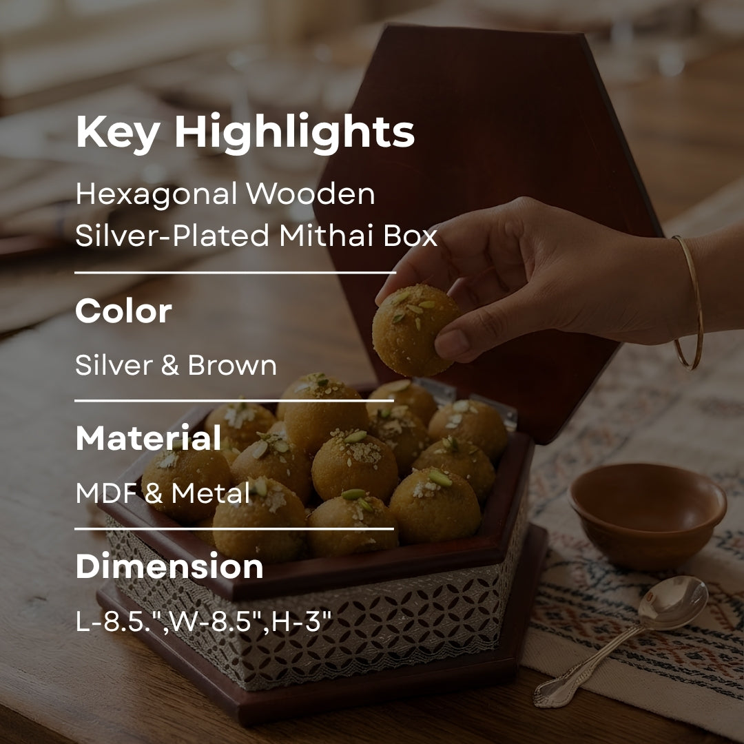 Hexagonal Wooden Silver-Plated Mithai Box