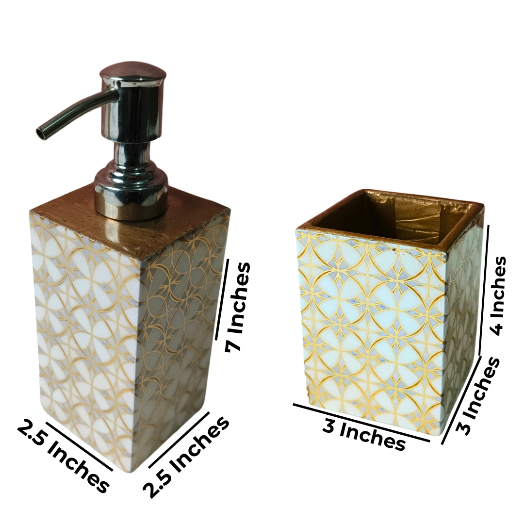 wooden water resistant white gold abstract print & enamelled  Bathroom Set of 4