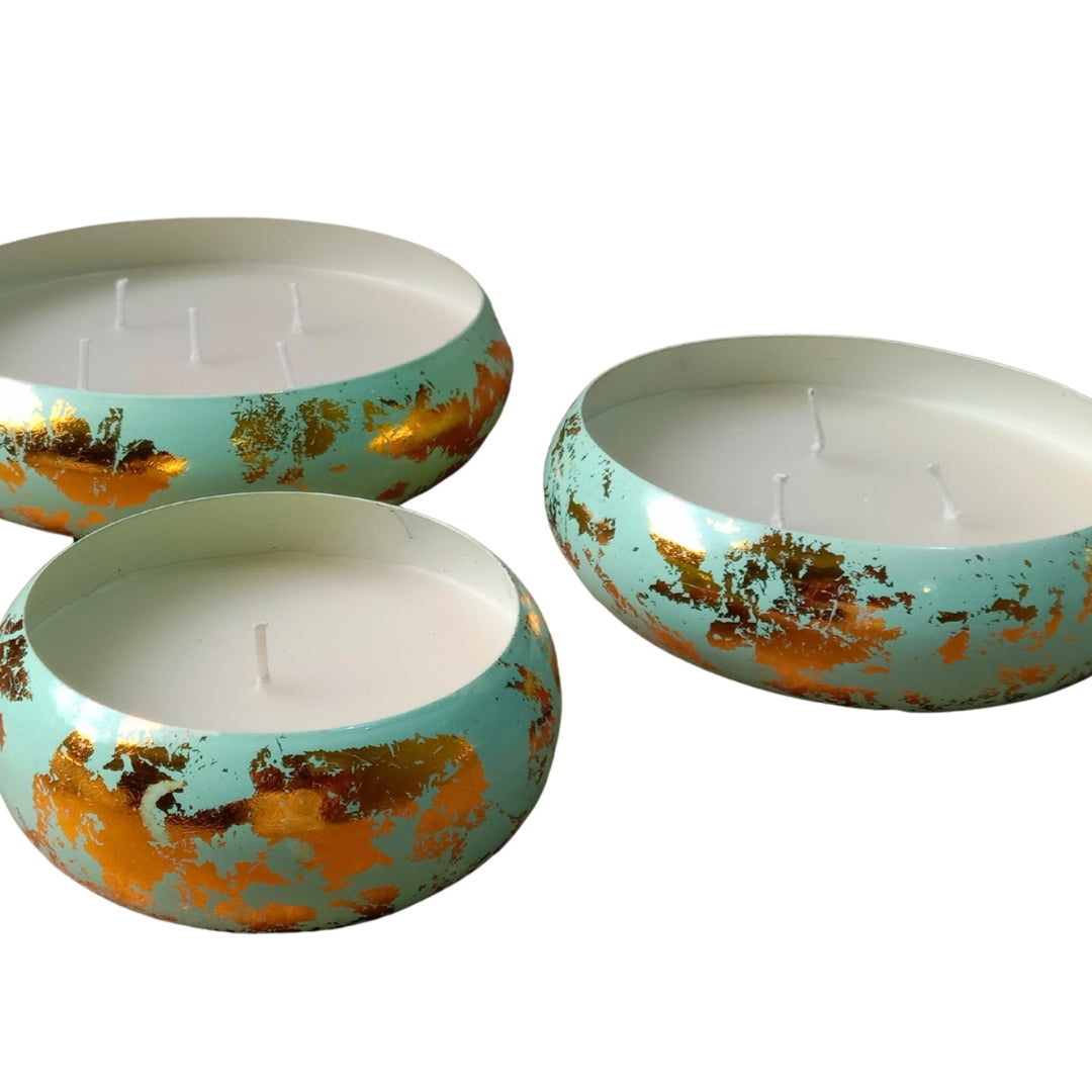 Mint & Gold Leaf Decorative URLI WITH WAX  Candle Set of 3