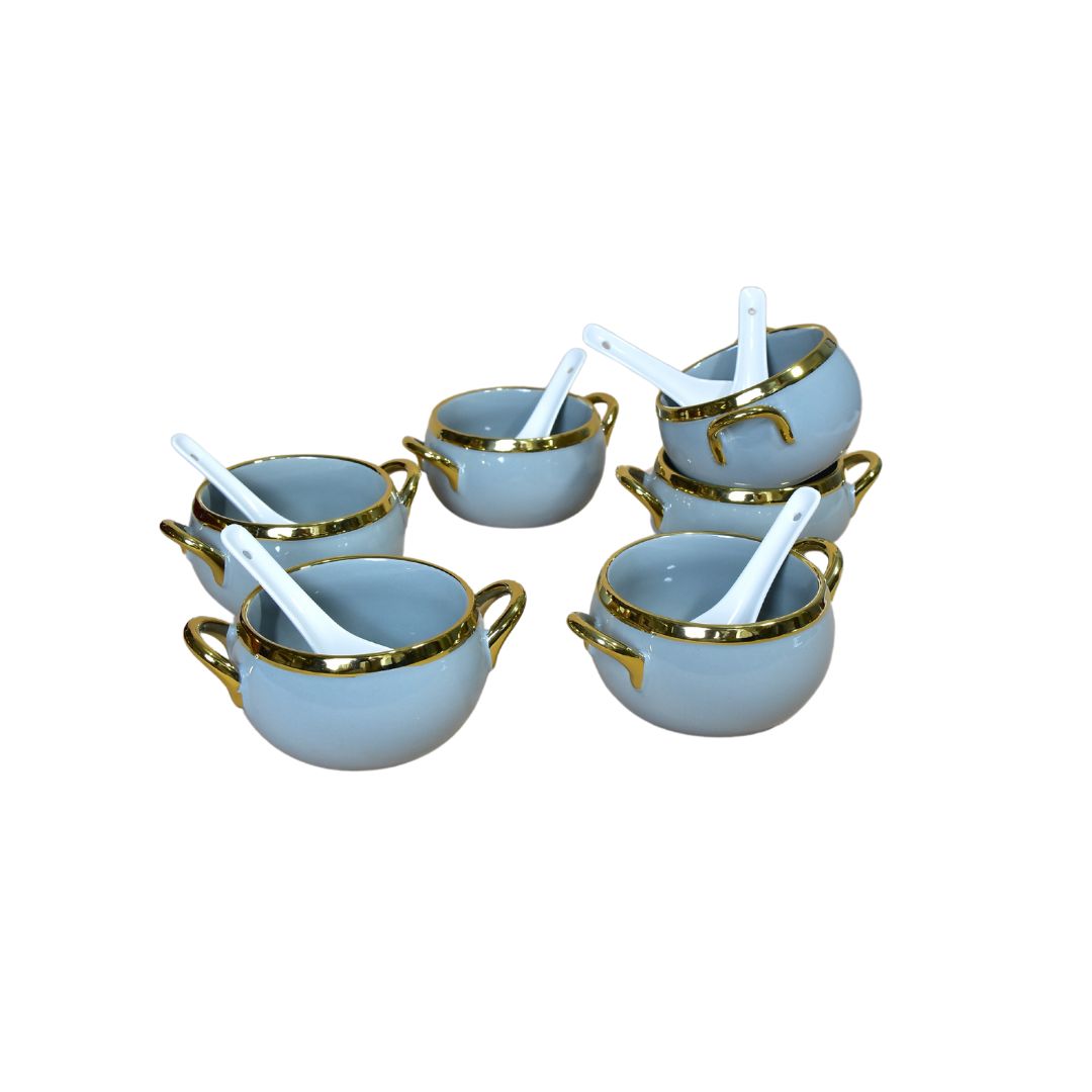 Ceramic Bowl With Bamboo Tray Set Of 6 - Light Blue