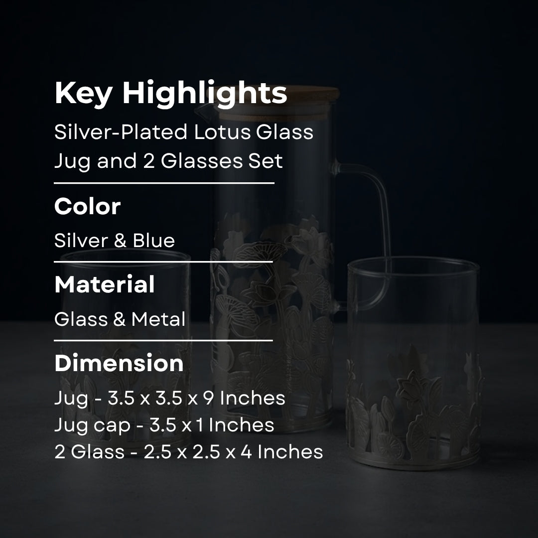 Silver-Plated Lotus Glass Jug and 2 Glasses Set