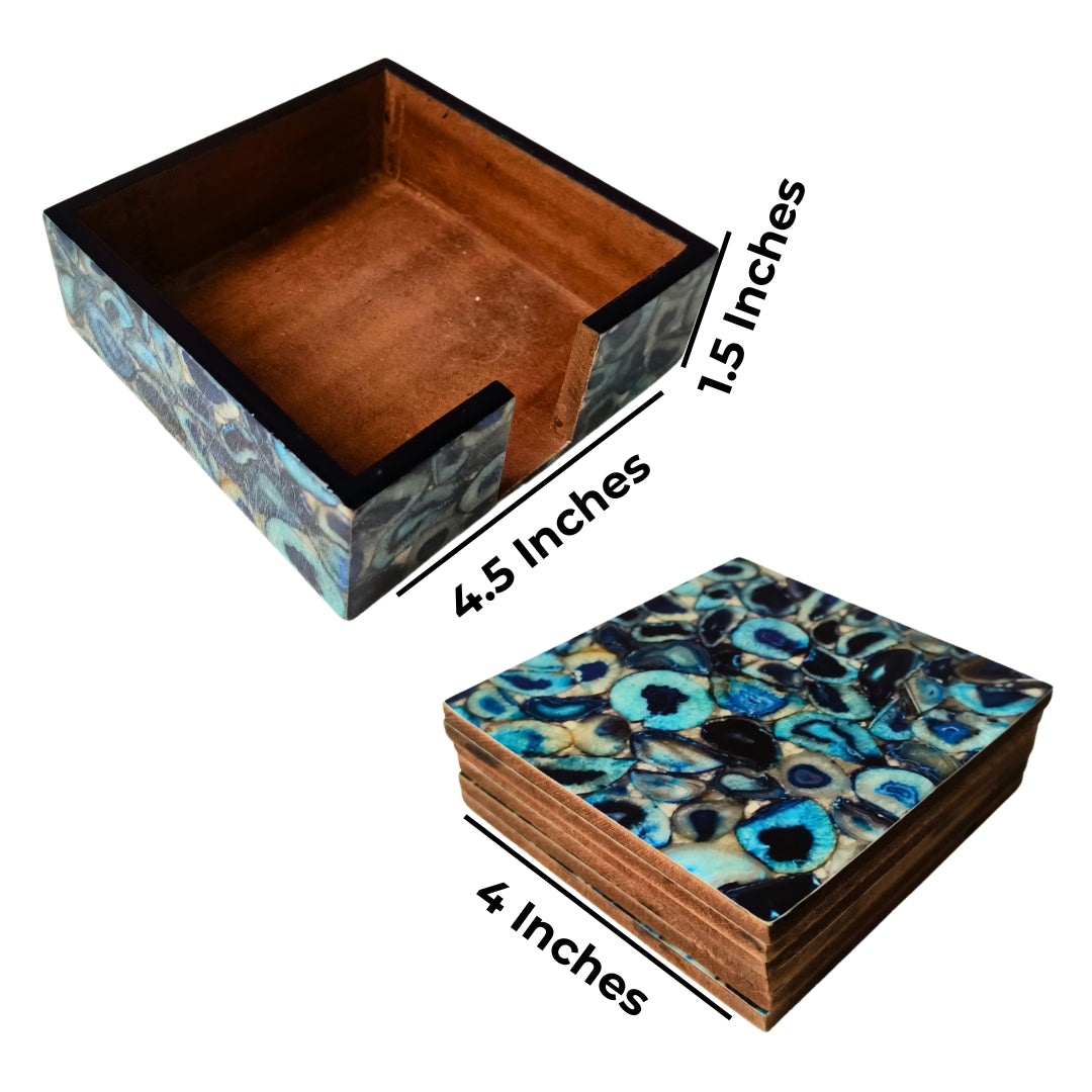 Table Coaster - Wooden Blue Agate Print With Enamel Set of 6