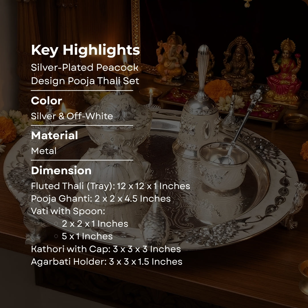 Silver-Plated Peacock Design Pooja Thali Set