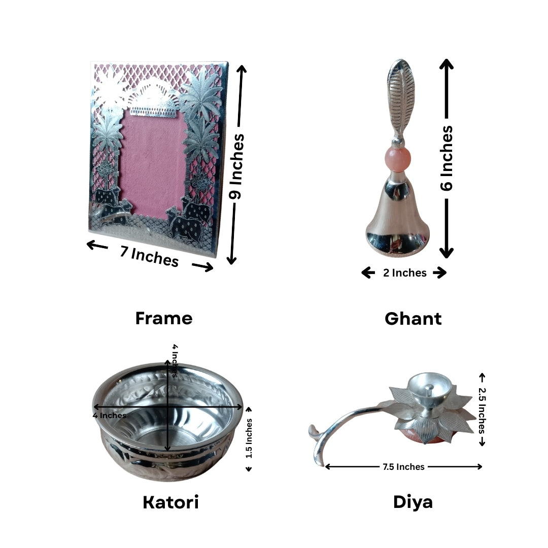 Silver Plated Lacquered Gift Set | Photo Frame, Diya, Ghanti & 4" Urli | Premium Puja Combo