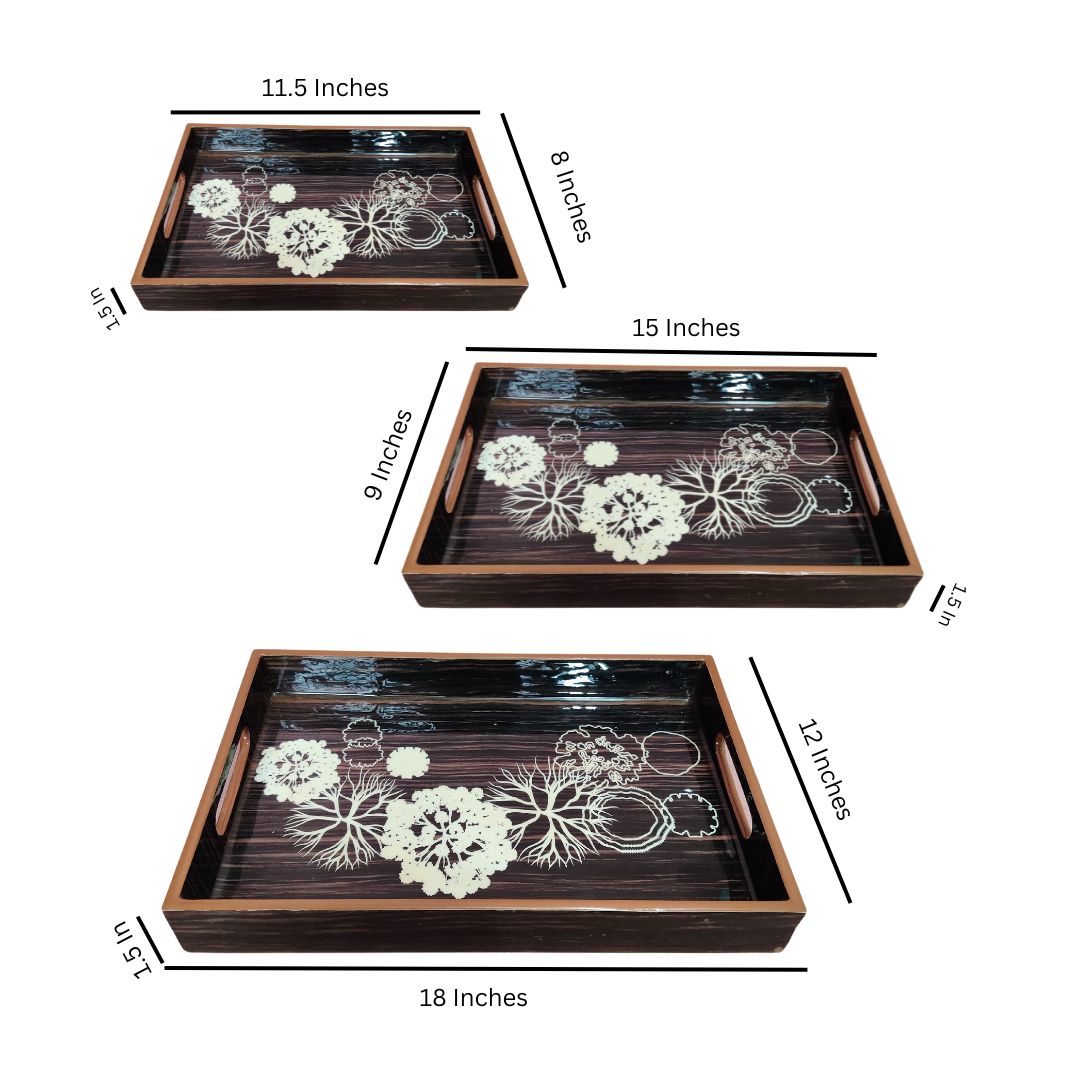 Tray Set Of 3 - Black & Brown Flower