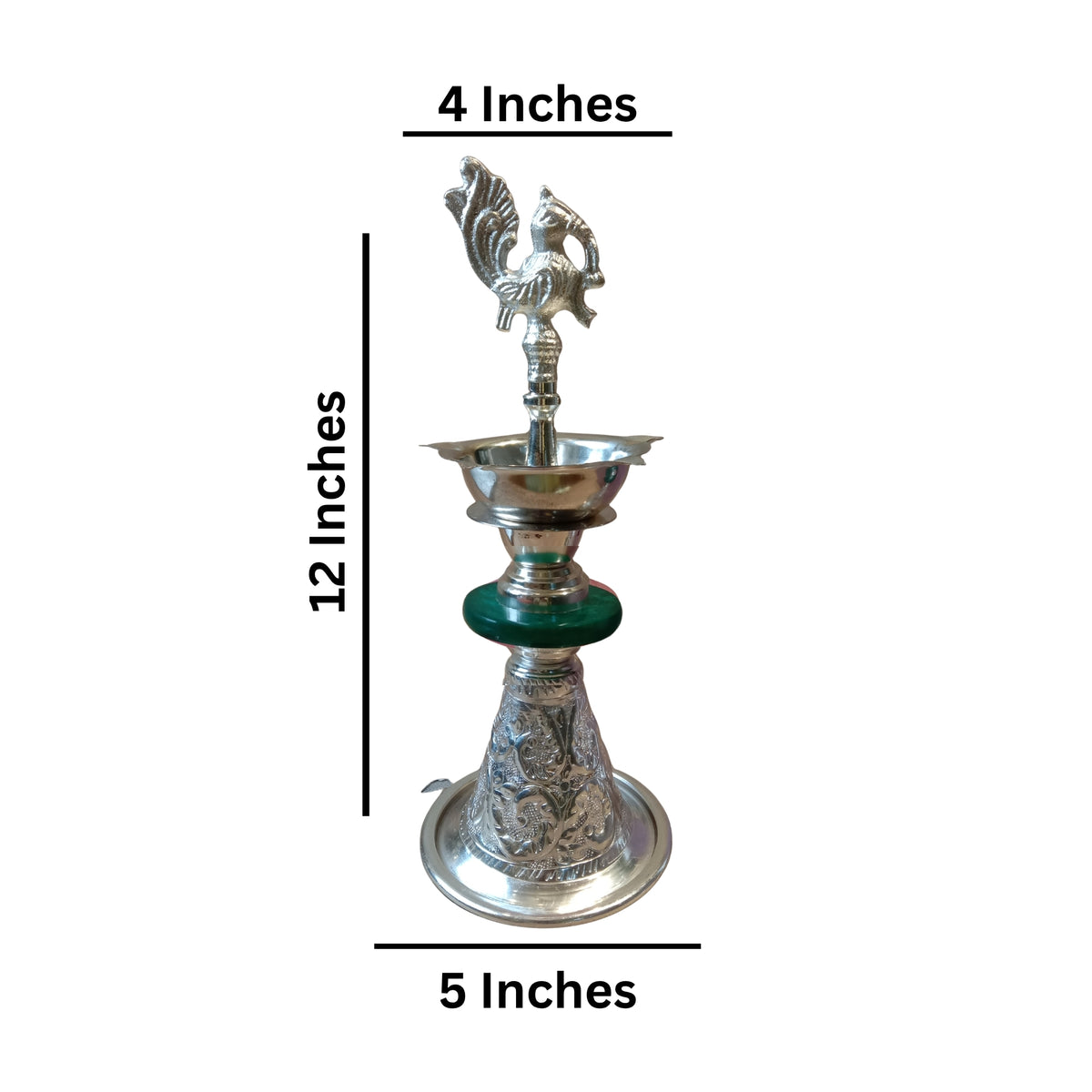 Silver-Plated Peacock Diya  with Velvet Gift Boxe- Green SINGLE PC