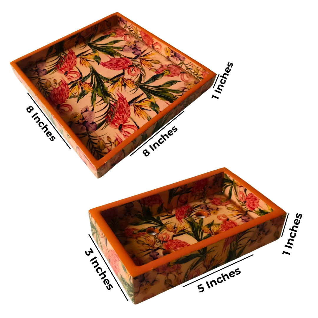 wooden water resistant Flamingo print & enamelled  Bathroom Set of 4