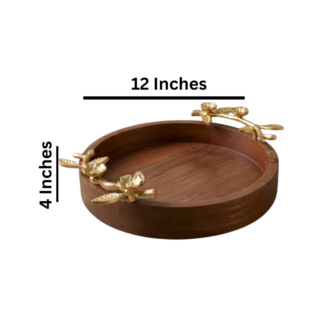 Wooden Large Round Serving Tray with Gold Floral Branch Handles