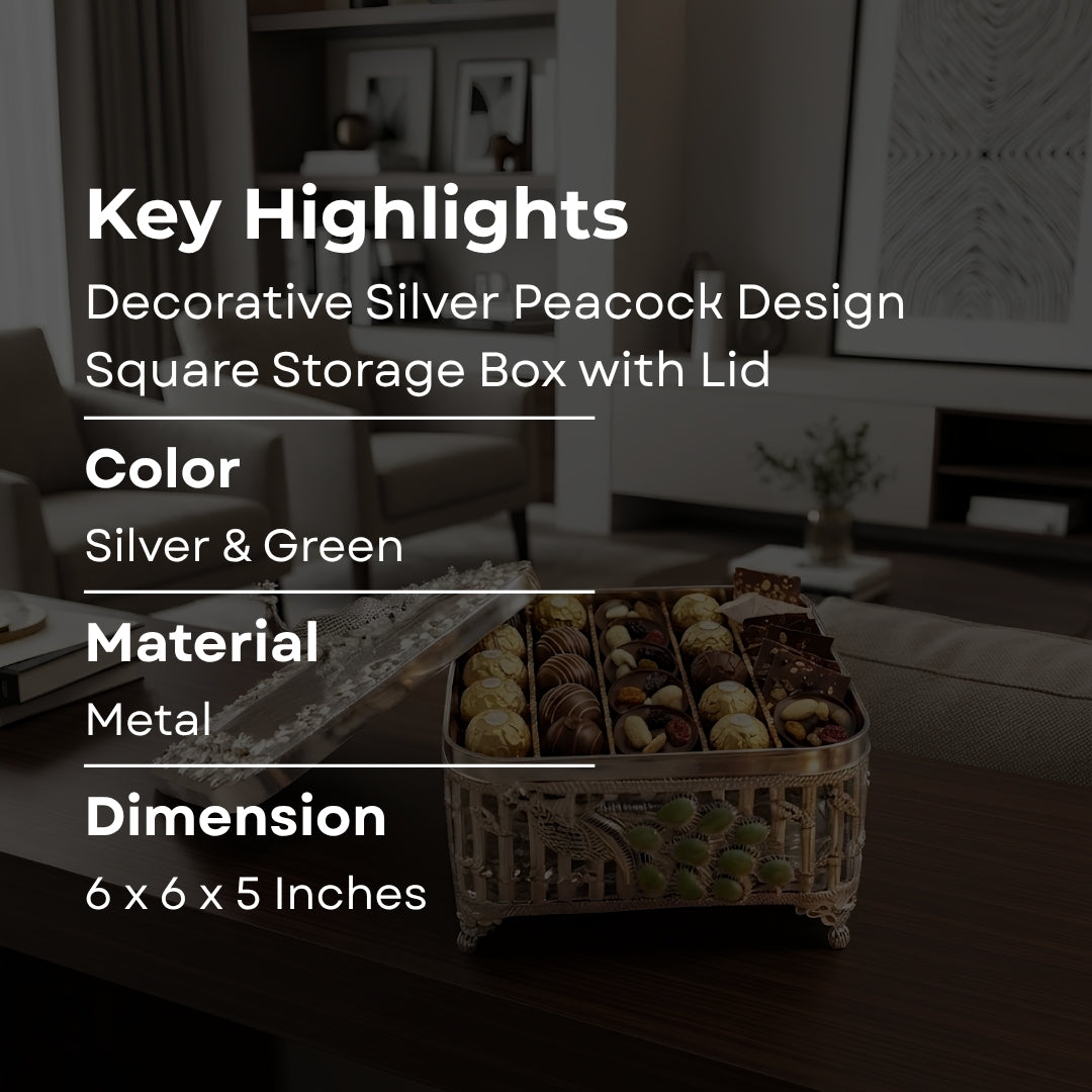 Decorative Silver Peacock Design Square Storage Box with Lid