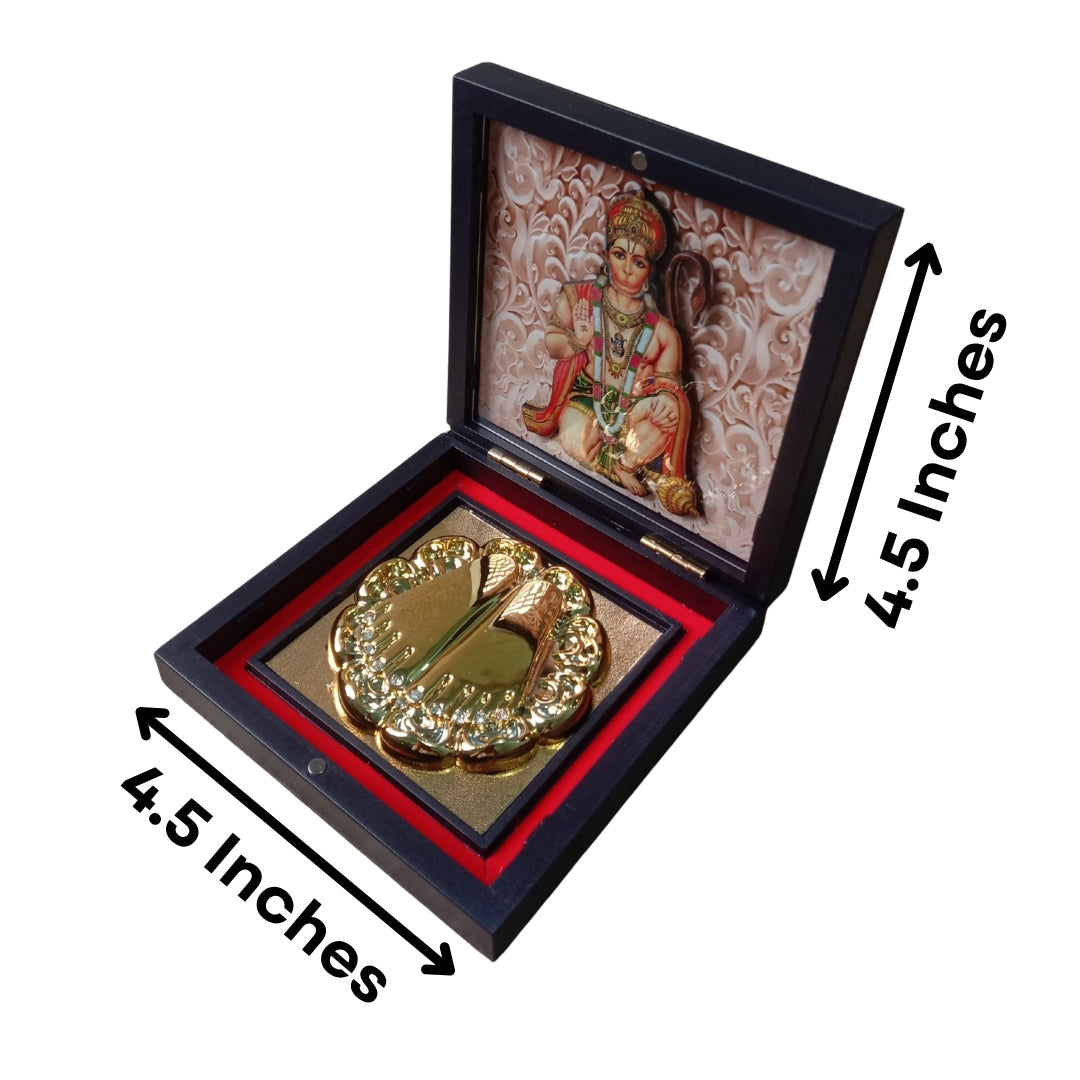 Lord Hanuman Golden Charan Paduka in Wooden Box