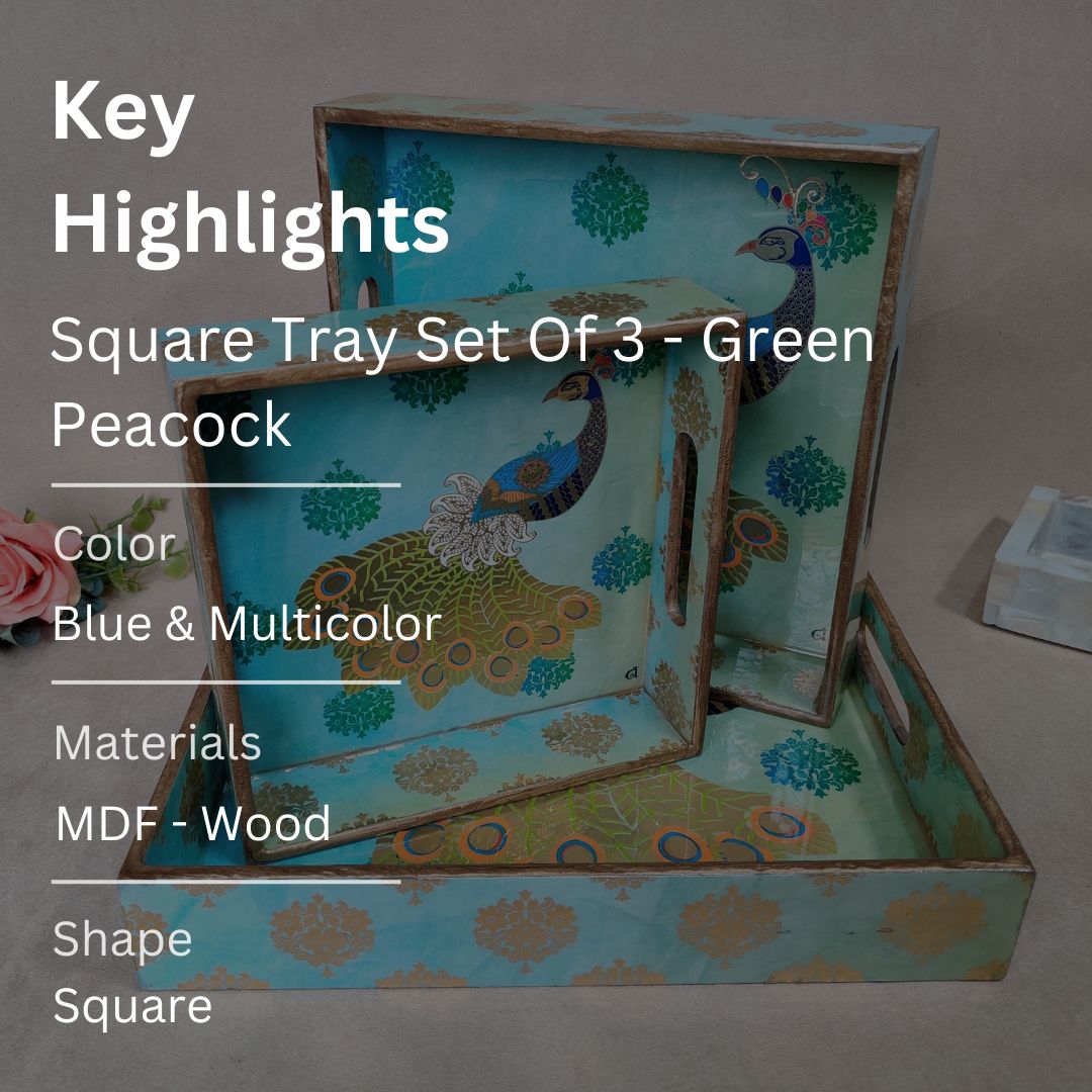 Square Tray Set Of 3 - Green Peacock