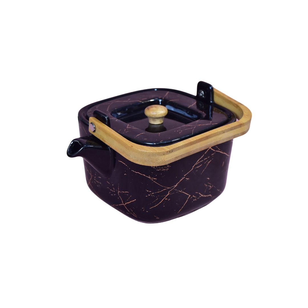 Ceramic Cup & Teapot With Tray Set Of 6 - Black