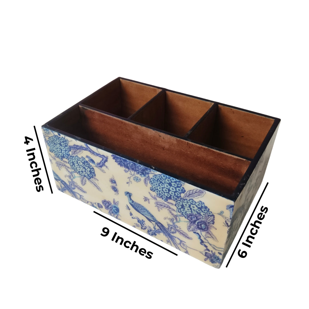 Caddy - Wooden 4 Partition Blue Peacock Print With Enamel