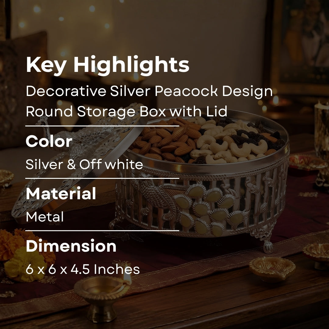 white metal Decorative Silver Peacock Design Round Storage Box with Lid