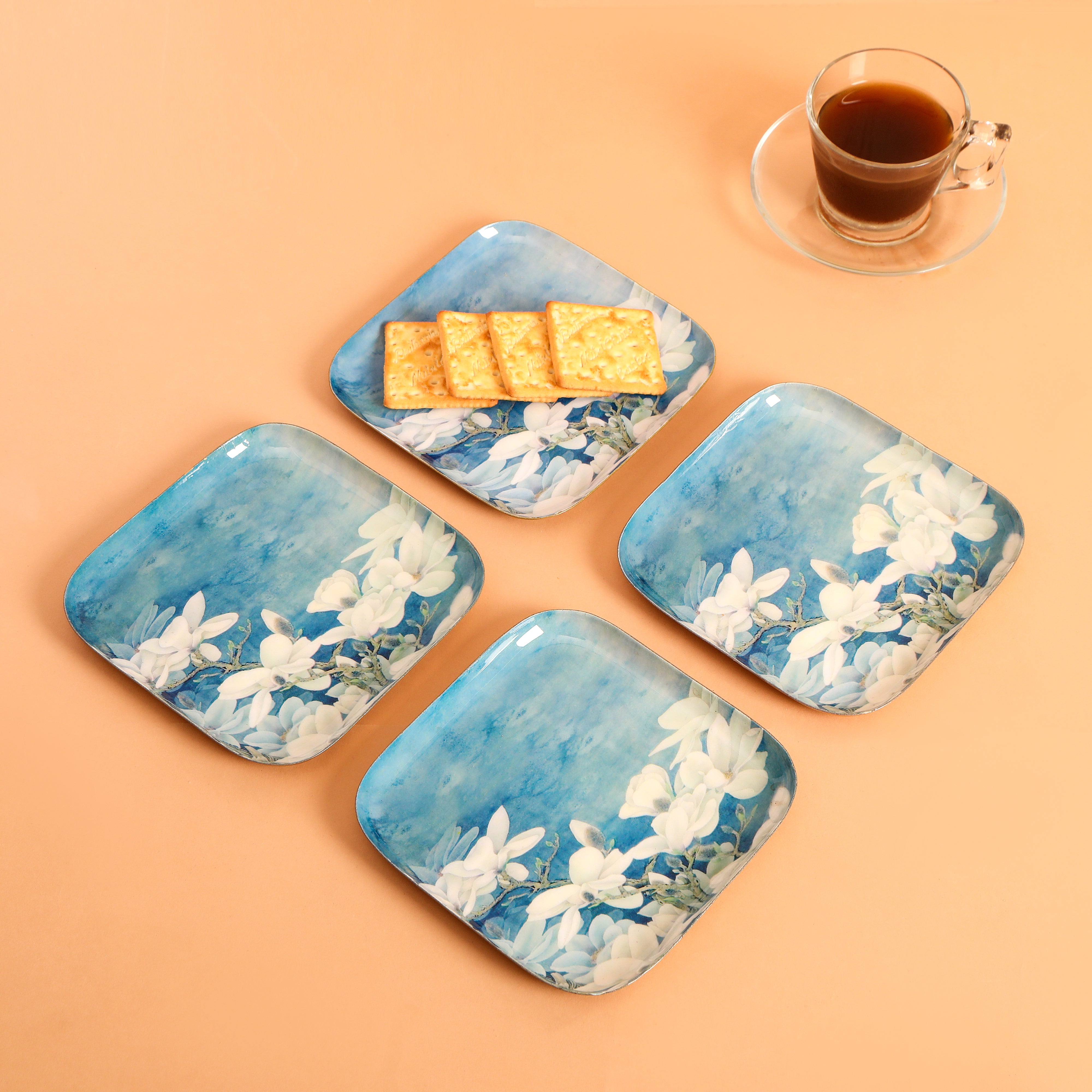 Square Platter Set Of 4 - Blue White Flower