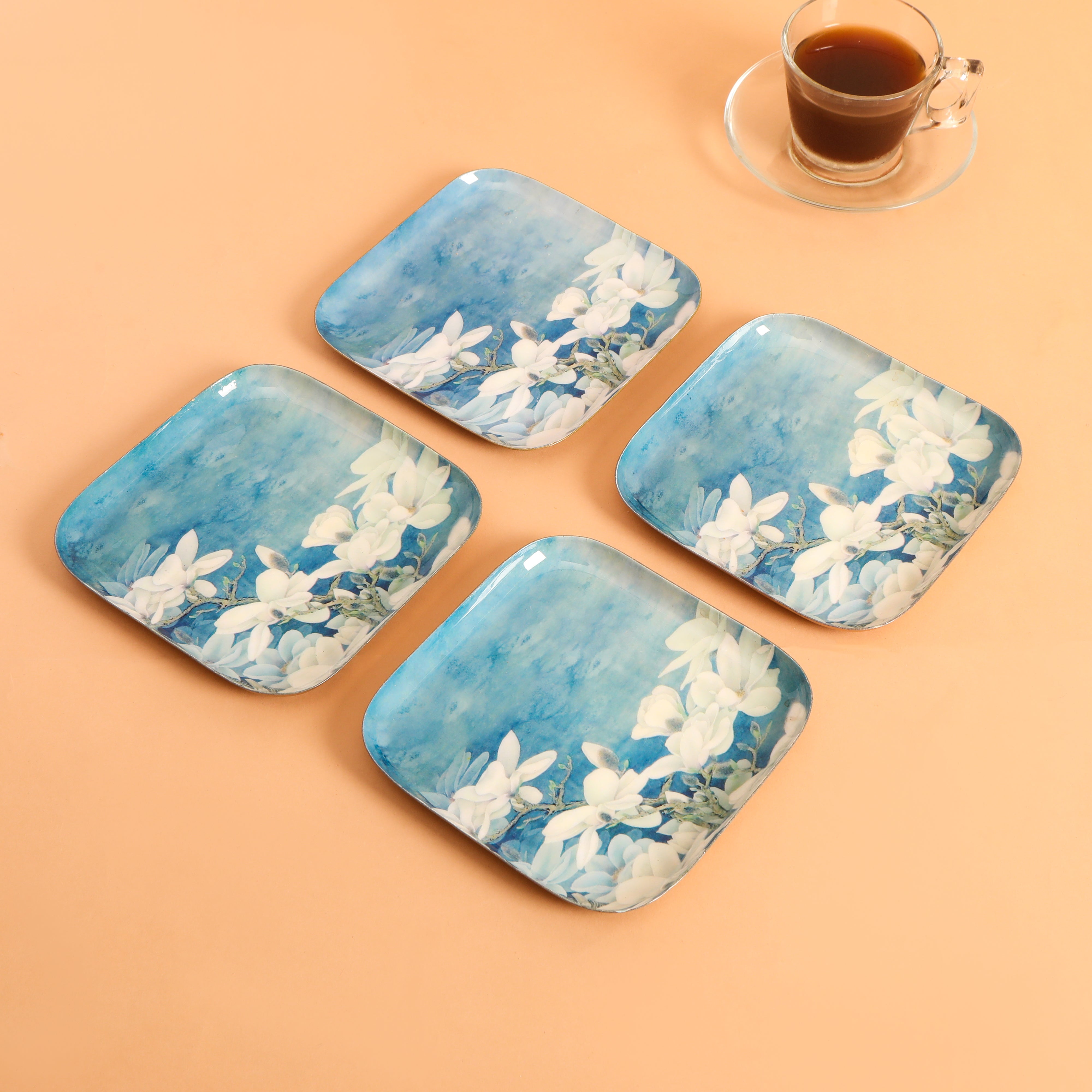 Square Platter Set Of 4 - Blue White Flower