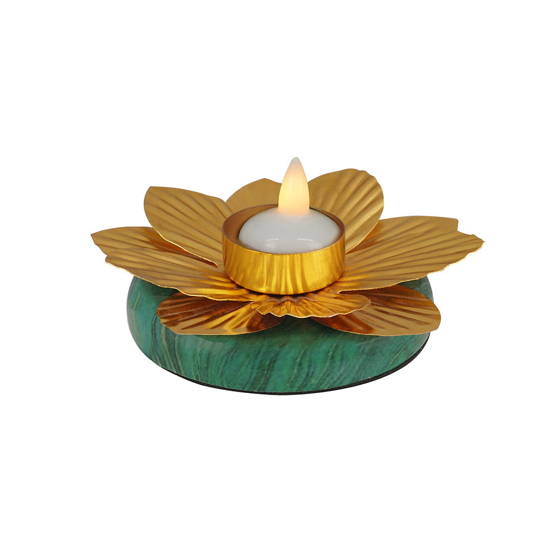 Green Base With Metal Flower Tea Light Holder