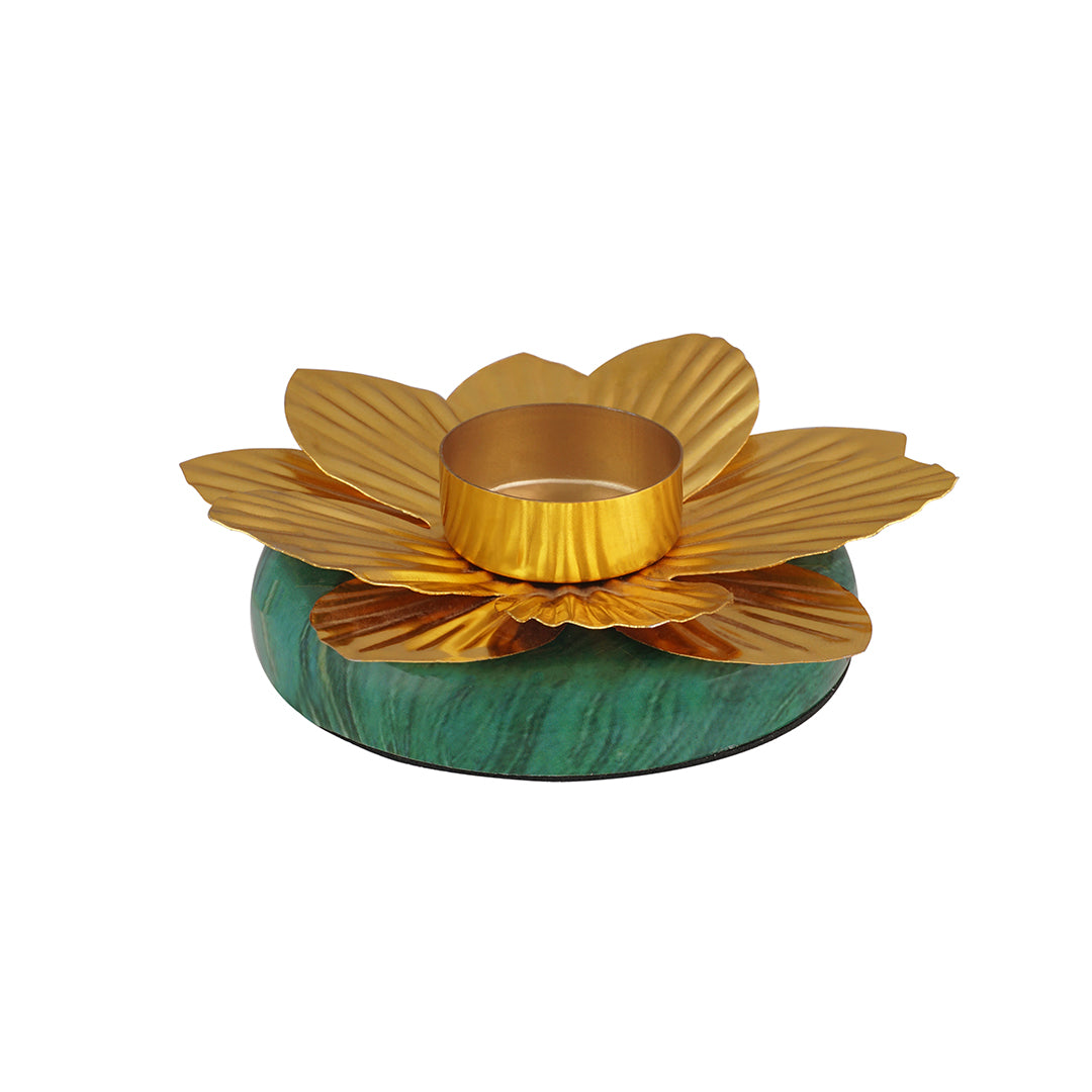 Green Base With Metal Flower Tea Light Holder