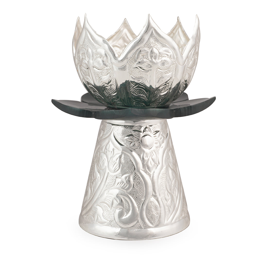 Brass Silver Plated Green Lotus Candle Stand