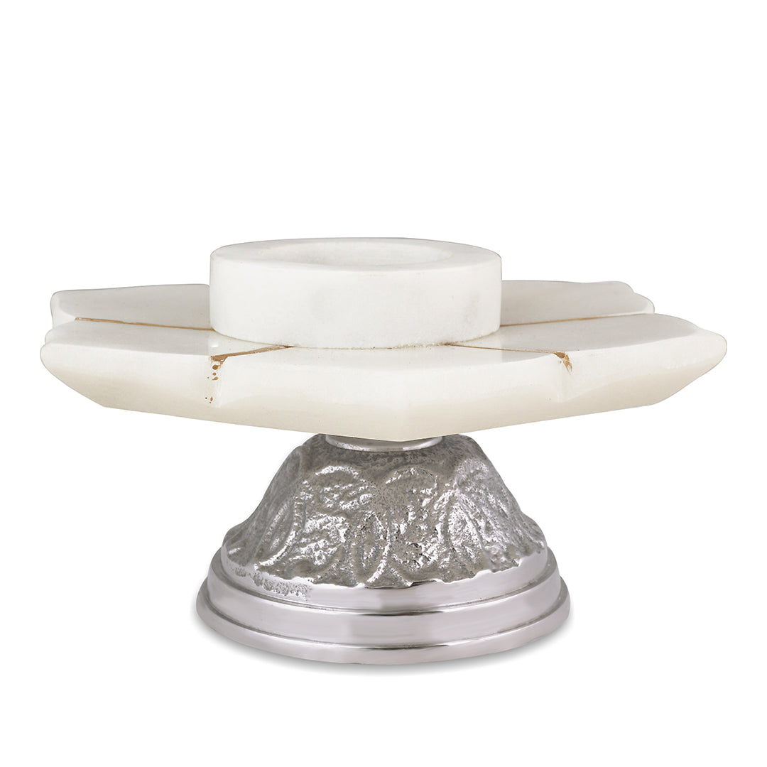 6" Marble Flower With Metal Base Candle Holder Silver