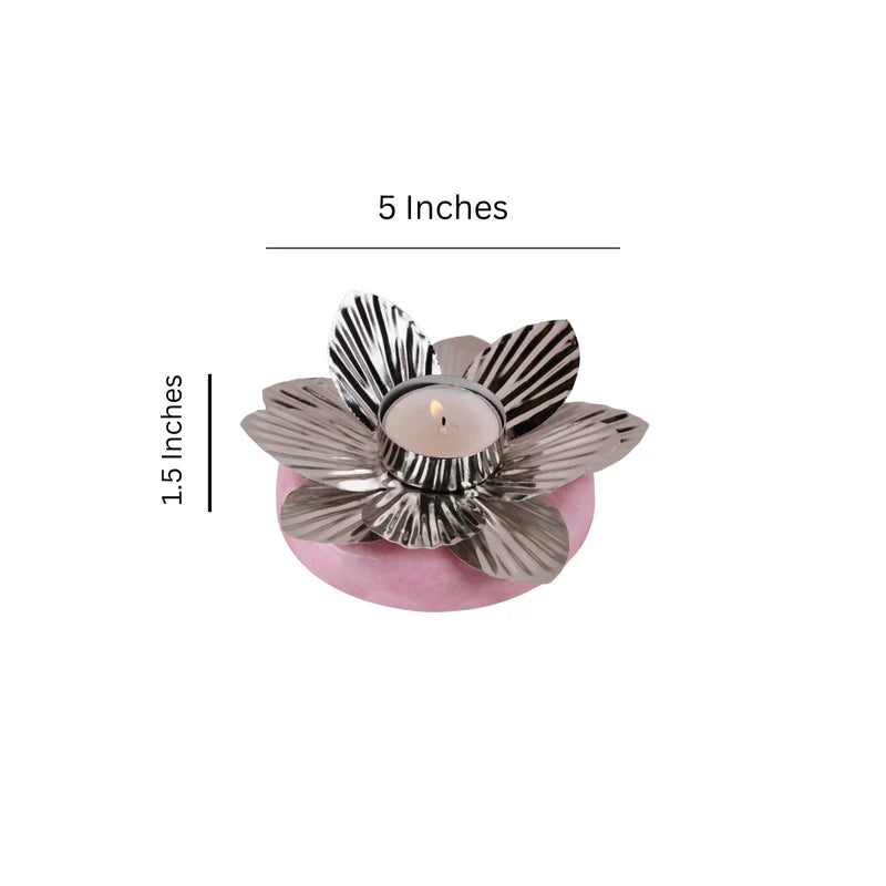 Pink Base With Metal Flower Tea Light Holder