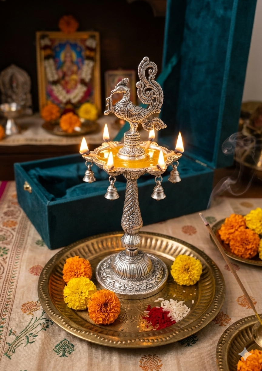 Silver Plated Peacock Samai / Diya